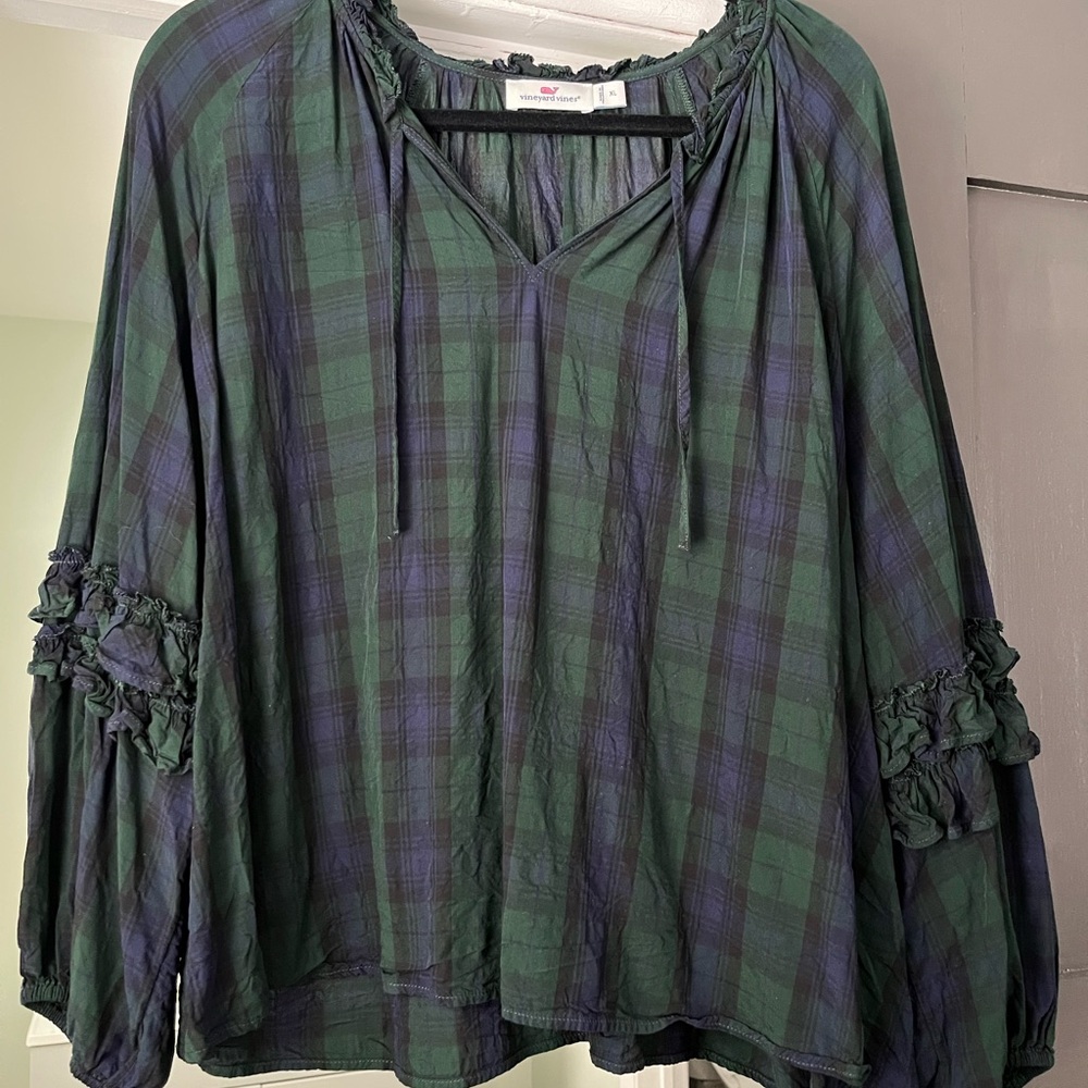 Vineyard Vines Green & Navy Plaid Peasant Tunic